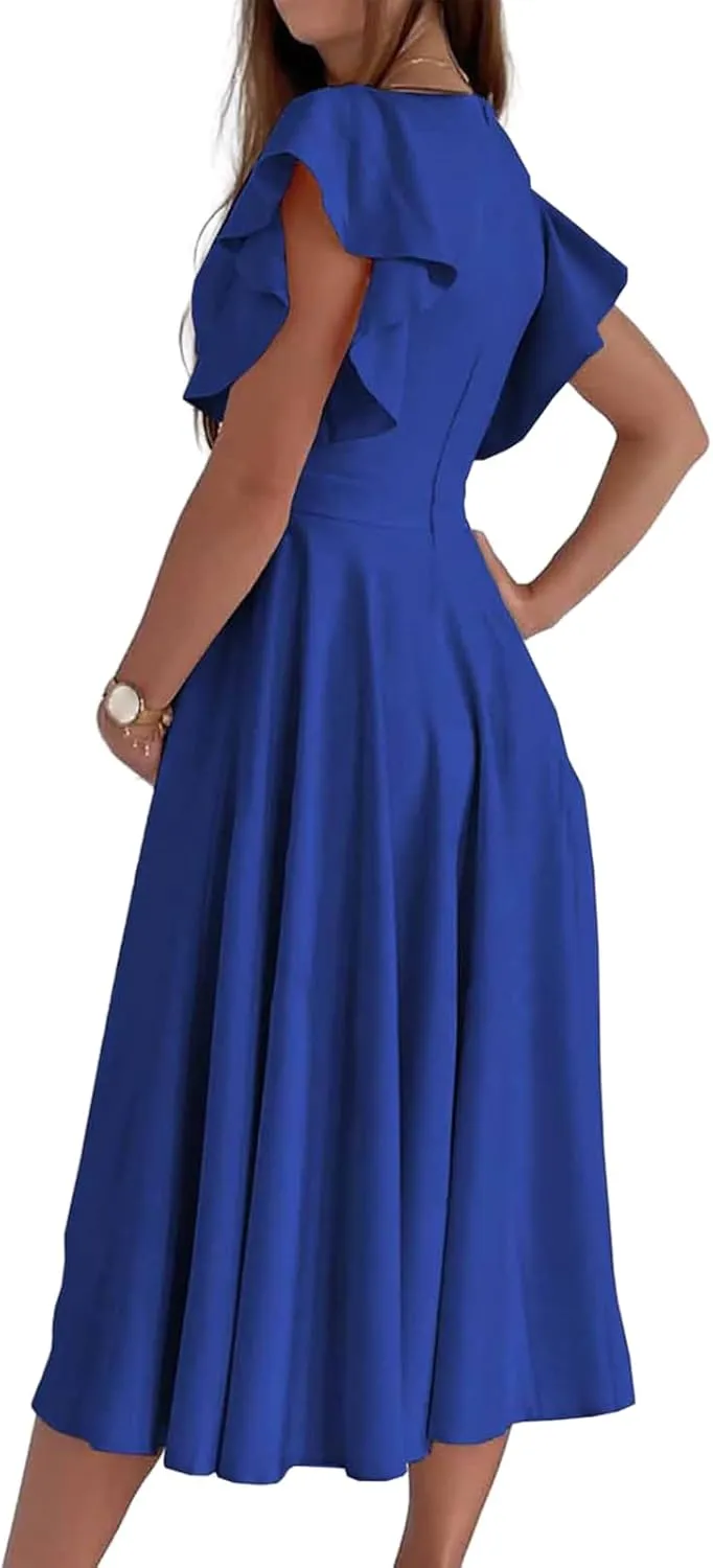 Women's Summer Sexy Dress Warp V Neck Ruffler Short Sleeve Midi Dresses A Line Swing Flared Cocktail Party Dress