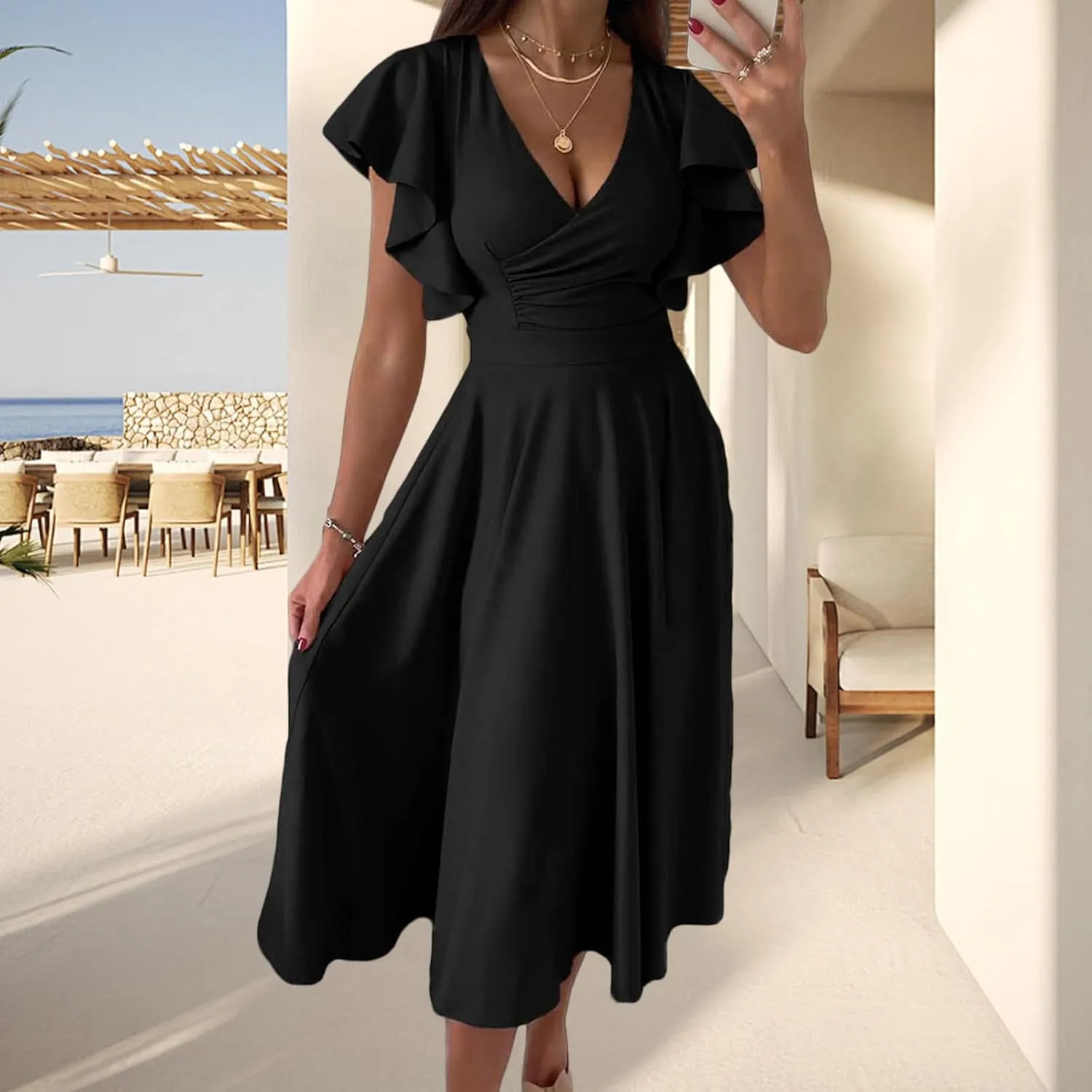 Women's Summer Sexy Dress Warp V Neck Ruffler Short Sleeve Midi Dresses A Line Swing Flared Cocktail Party Dress