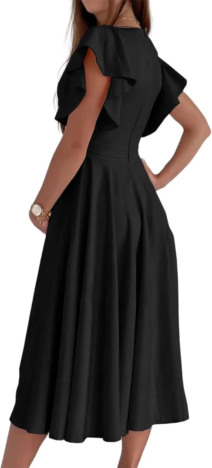 Women's Summer Sexy Dress Warp V Neck Ruffler Short Sleeve Midi Dresses A Line Swing Flared Cocktail Party Dress