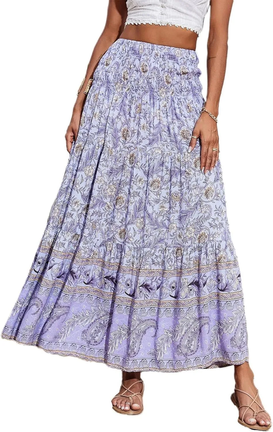 Women's Summer Skirts Boho Maxi Skirt Plus Size Drawstring Elastic Pleated Tiered Aline Skirt Boho Long Tight Skirt
