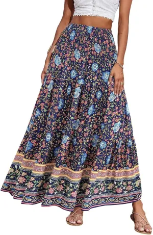 Women's Summer Skirts Boho Maxi Skirt Plus Size Drawstring Elastic Pleated Tiered Aline Skirt Boho Long Tight Skirt