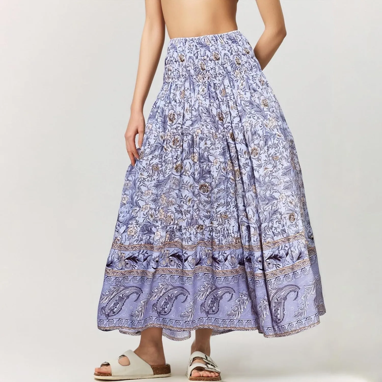 Women's Summer Skirts Boho Maxi Skirt Plus Size Drawstring Elastic Pleated Tiered Aline Skirt Boho Long Tight Skirt