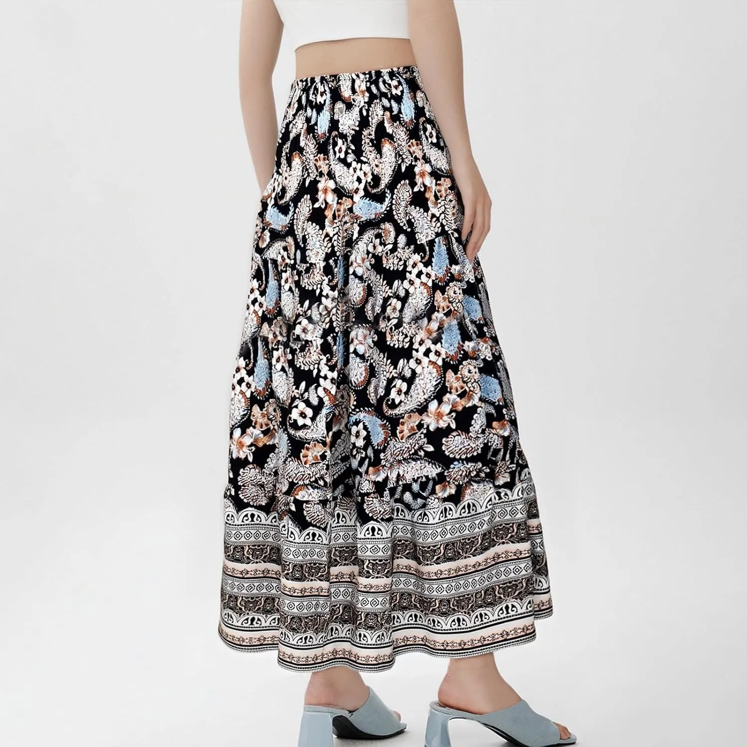 Women's Summer Skirts Boho Maxi Skirt Plus Size Drawstring Elastic Pleated Tiered Aline Skirt Boho Long Tight Skirt