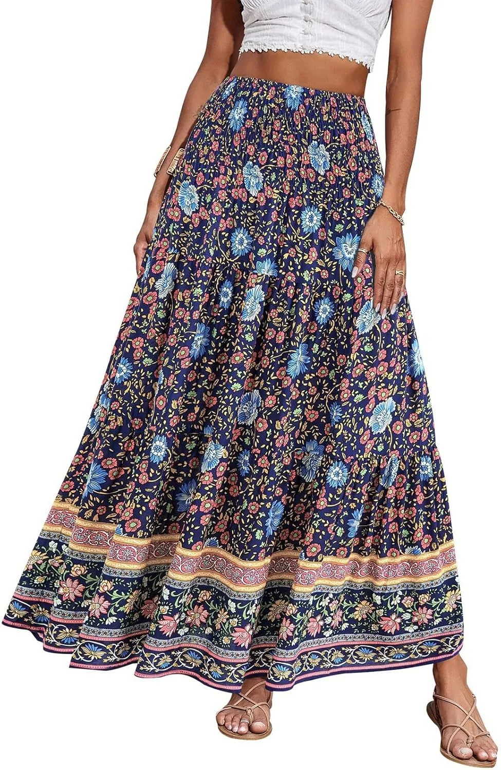 Women's Summer Skirts Boho Maxi Skirt Plus Size Drawstring Elastic Pleated Tiered Aline Skirt Boho Long Tight Skirt