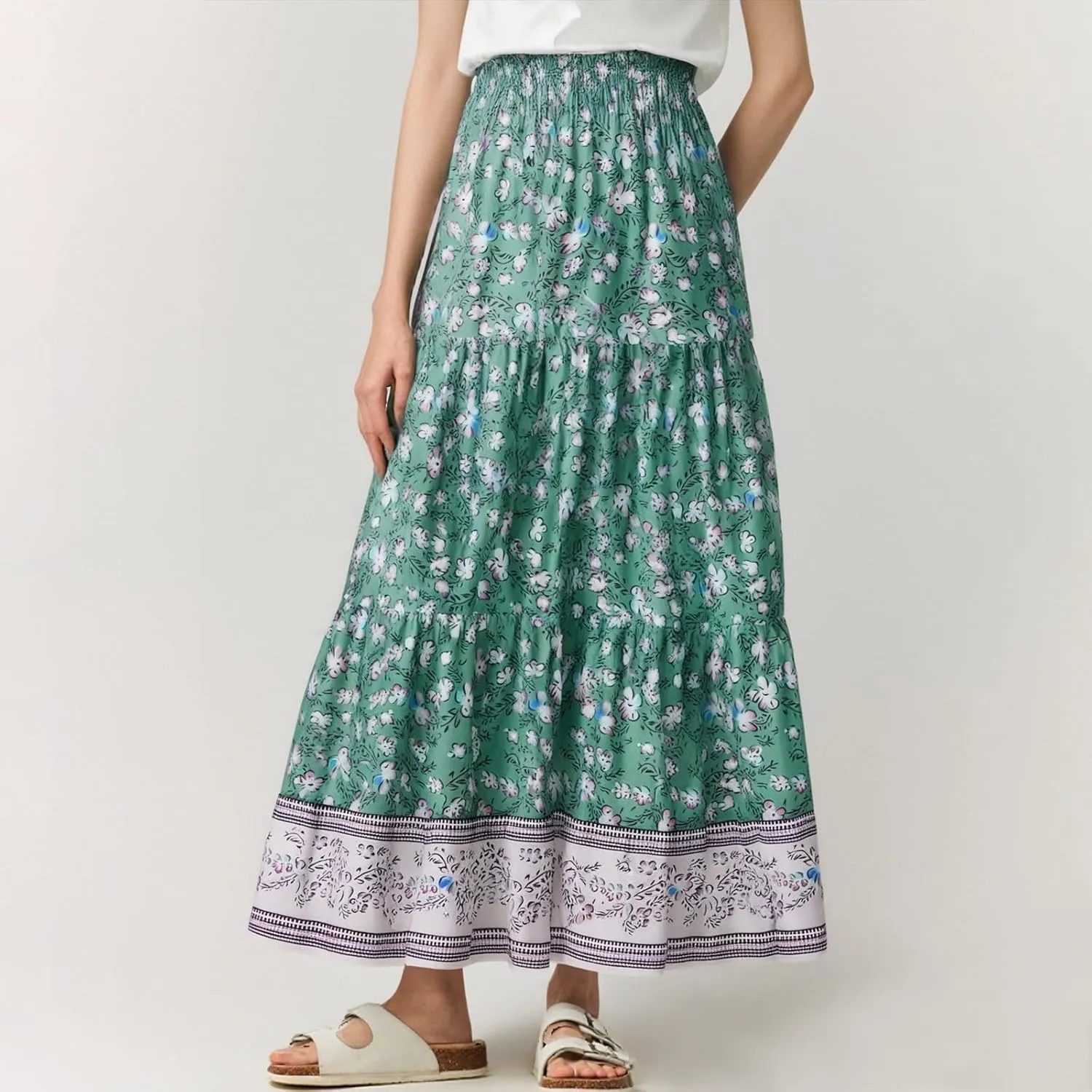 Women's Summer Skirts Boho Maxi Skirt Plus Size Drawstring Elastic Pleated Tiered Aline Skirt Boho Long Tight Skirt