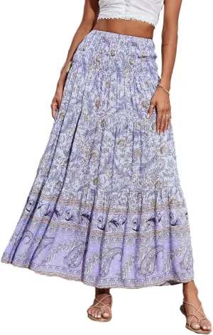 Women's Summer Skirts Boho Maxi Skirt Plus Size Drawstring Elastic Pleated Tiered Aline Skirt Boho Long Tight Skirt