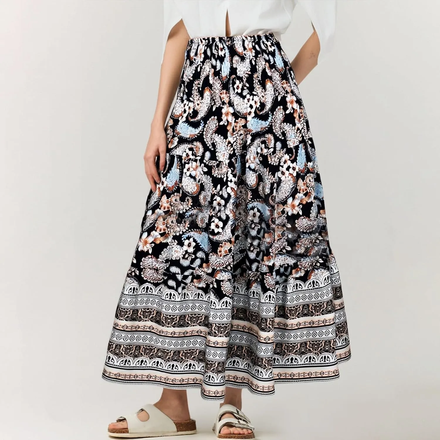 Women's Summer Skirts Boho Maxi Skirt Plus Size Drawstring Elastic Pleated Tiered Aline Skirt Boho Long Tight Skirt