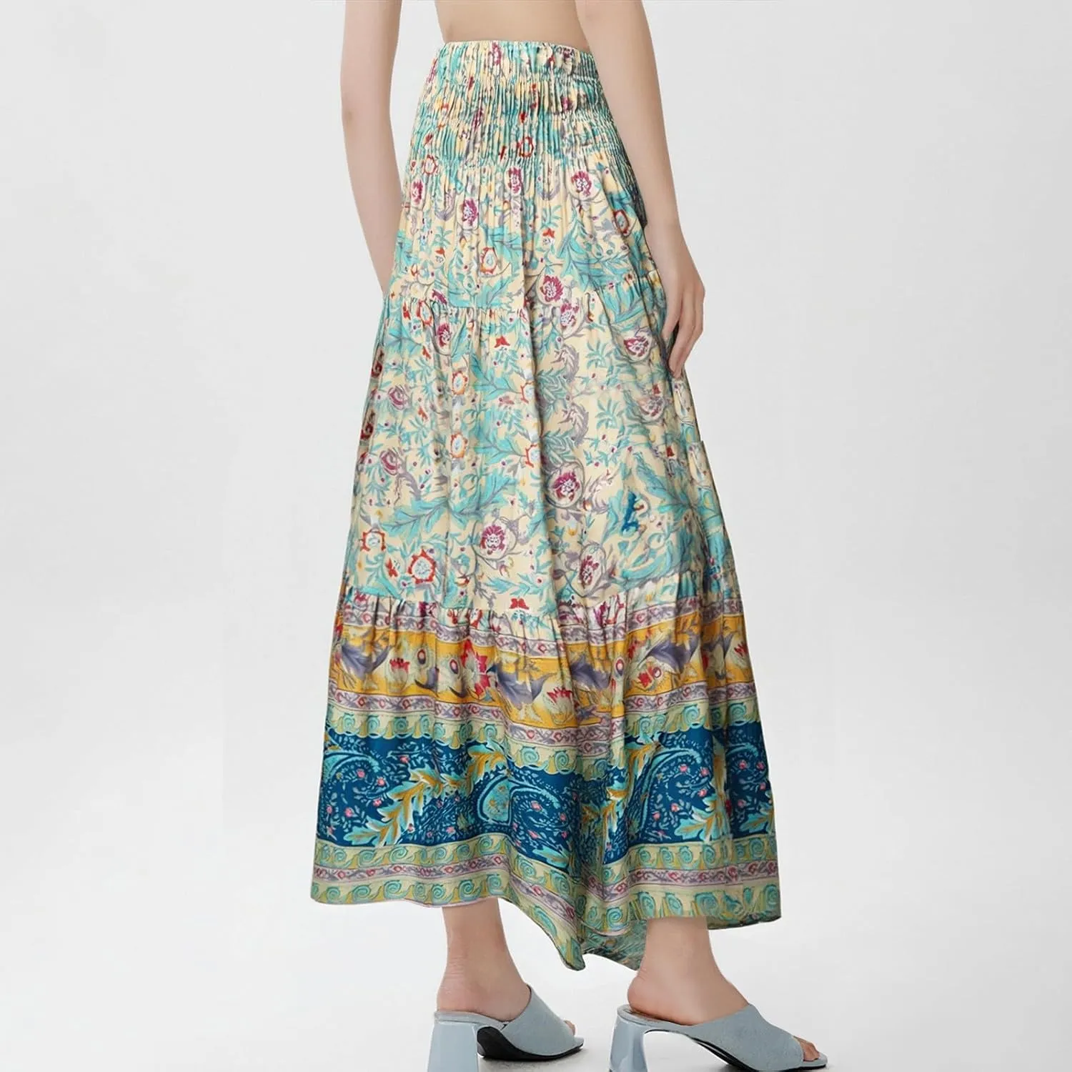 Women's Summer Skirts Boho Maxi Skirt Plus Size Drawstring Elastic Pleated Tiered Aline Skirt Boho Long Tight Skirt