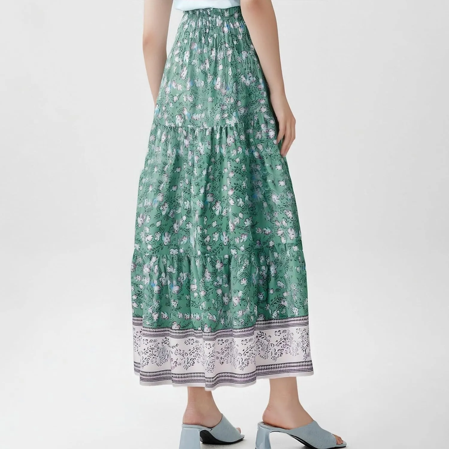 Women's Summer Skirts Boho Maxi Skirt Plus Size Drawstring Elastic Pleated Tiered Aline Skirt Boho Long Tight Skirt