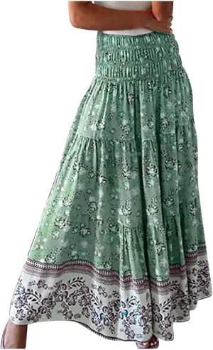 Women's Summer Skirts Boho Maxi Skirt Plus Size Drawstring Elastic Pleated Tiered Aline Skirt Boho Long Tight Skirt