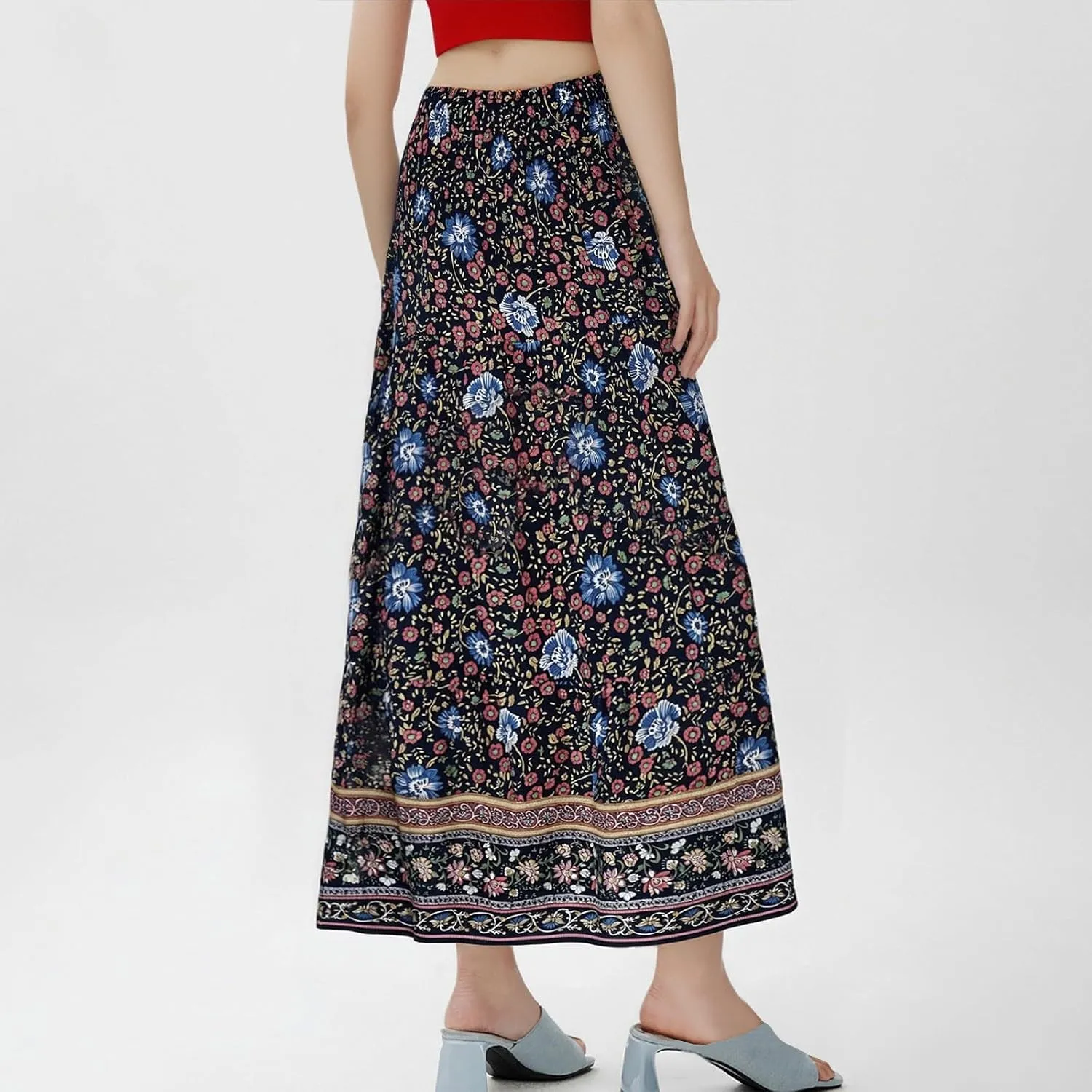Women's Summer Skirts Boho Maxi Skirt Plus Size Drawstring Elastic Pleated Tiered Aline Skirt Boho Long Tight Skirt