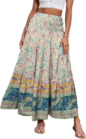 Women's Summer Skirts Boho Maxi Skirt Plus Size Drawstring Elastic Pleated Tiered Aline Skirt Boho Long Tight Skirt