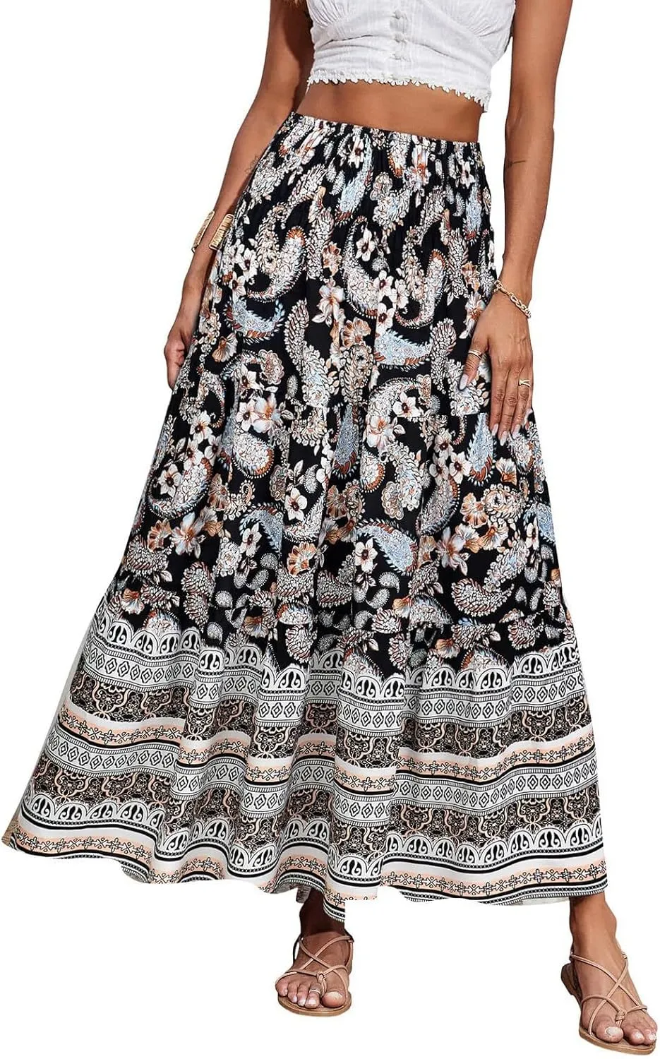 Women's Summer Skirts Boho Maxi Skirt Plus Size Drawstring Elastic Pleated Tiered Aline Skirt Boho Long Tight Skirt