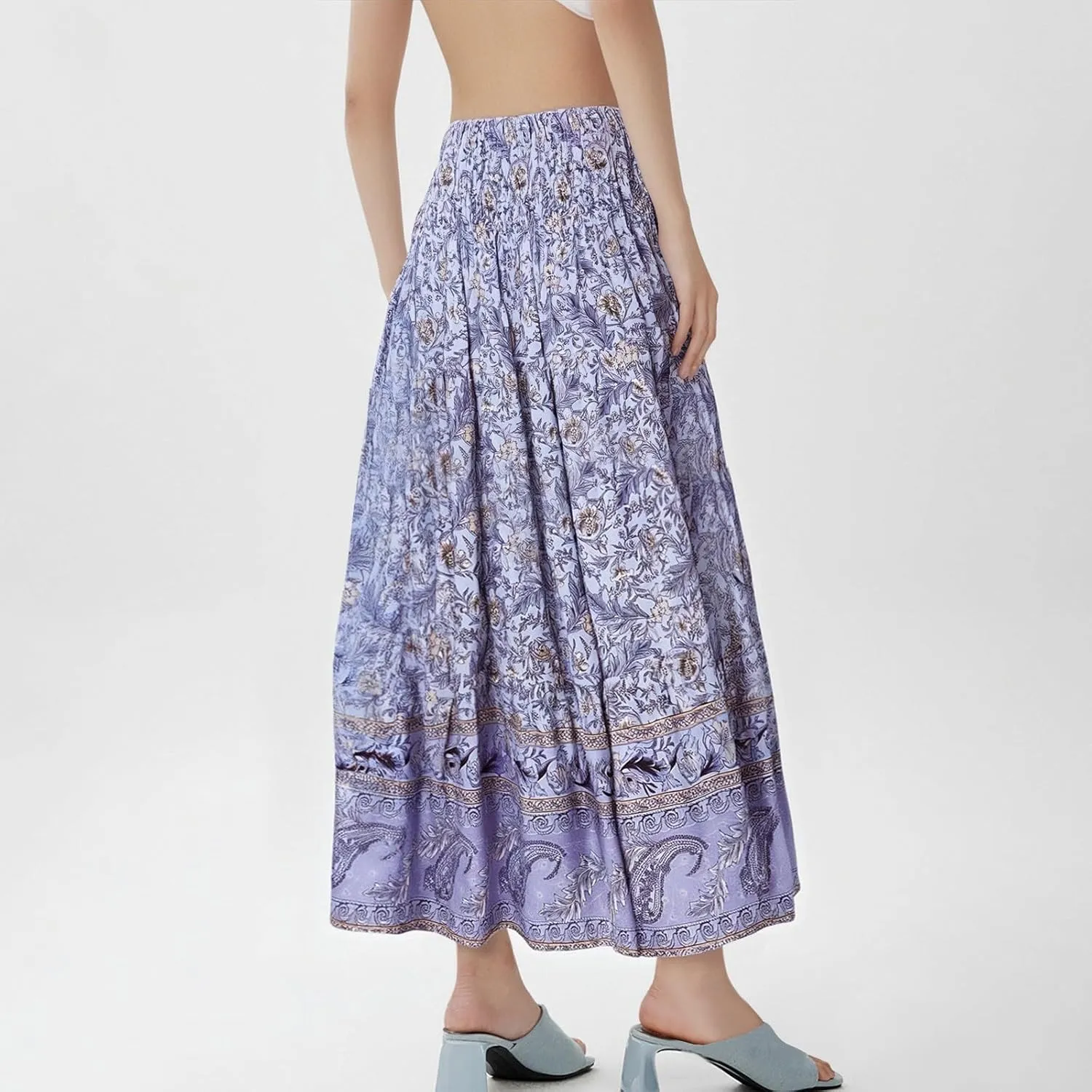 Women's Summer Skirts Boho Maxi Skirt Plus Size Drawstring Elastic Pleated Tiered Aline Skirt Boho Long Tight Skirt