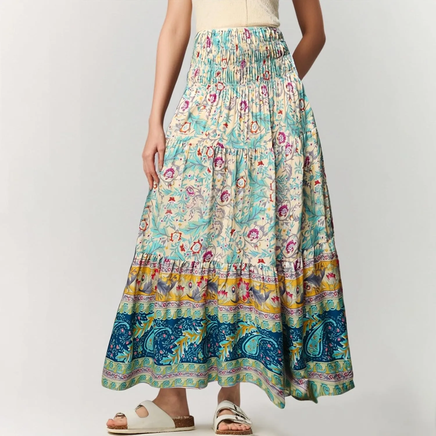 Women's Summer Skirts Boho Maxi Skirt Plus Size Drawstring Elastic Pleated Tiered Aline Skirt Boho Long Tight Skirt