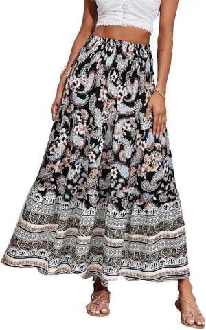 Women's Summer Skirts Boho Maxi Skirt Plus Size Drawstring Elastic Pleated Tiered Aline Skirt Boho Long Tight Skirt
