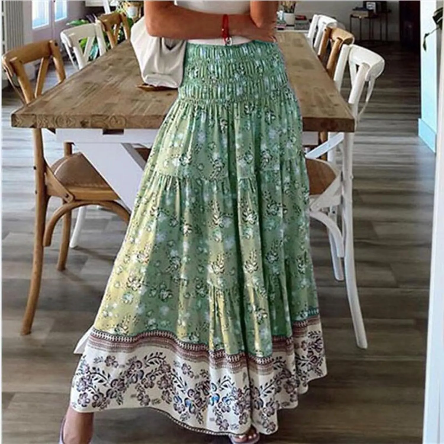 Women's Summer Skirts Boho Maxi Skirt Plus Size Drawstring Elastic Pleated Tiered Aline Skirt Boho Long Tight Skirt