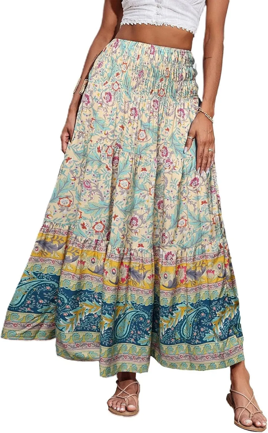 Women's Summer Skirts Boho Maxi Skirt Plus Size Drawstring Elastic Pleated Tiered Aline Skirt Boho Long Tight Skirt