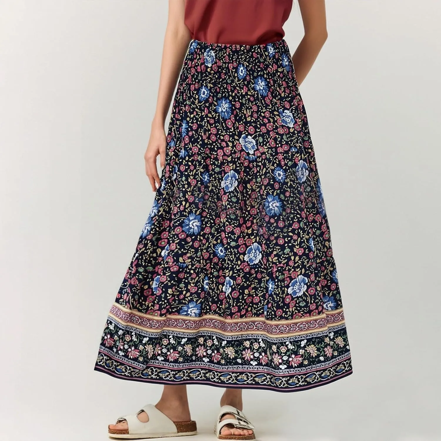 Women's Summer Skirts Boho Maxi Skirt Plus Size Drawstring Elastic Pleated Tiered Aline Skirt Boho Long Tight Skirt
