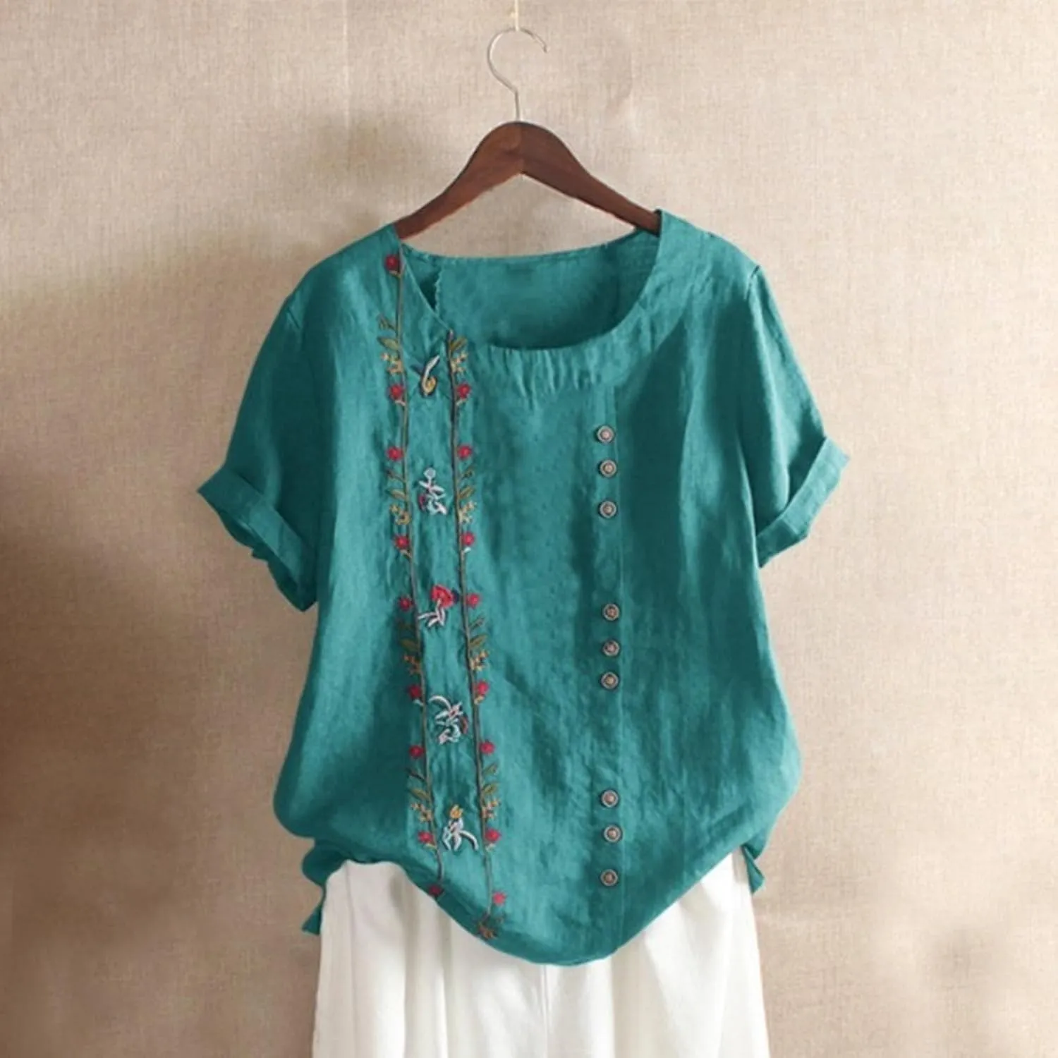 Womens Summer Tops Casual Cotton Linen T-Shirts Short Sleeve Round Neck Shirt Oversized Floral Graphic Tees