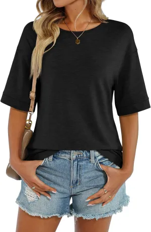 Womens Summer Tops Short Sleeve Casual Crew Neck T Shirts Loose Fit Basic Summer Tees