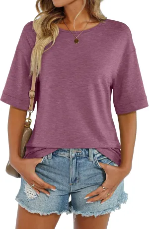 Womens Summer Tops Short Sleeve Casual Crew Neck T Shirts Loose Fit Basic Summer Tees