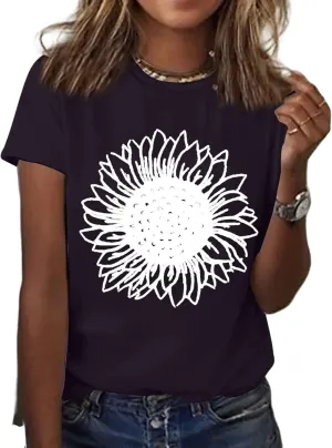 Womens Sunflower T Shirt Summer Novelty Cute Flower Graphic Loose Fit Tees Classic Crew Neck Short Sleeve Casual Tops