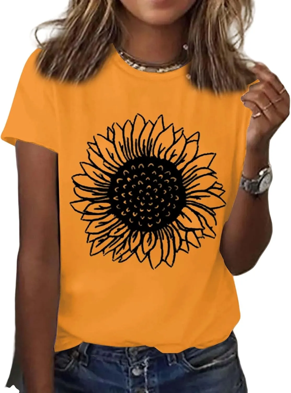 Womens Sunflower T Shirt Summer Novelty Cute Flower Graphic Loose Fit Tees Classic Crew Neck Short Sleeve Casual Tops
