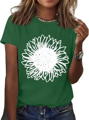 Womens Sunflower T Shirt Summer Novelty Cute Flower Graphic Loose Fit Tees Classic Crew Neck Short Sleeve Casual Tops
