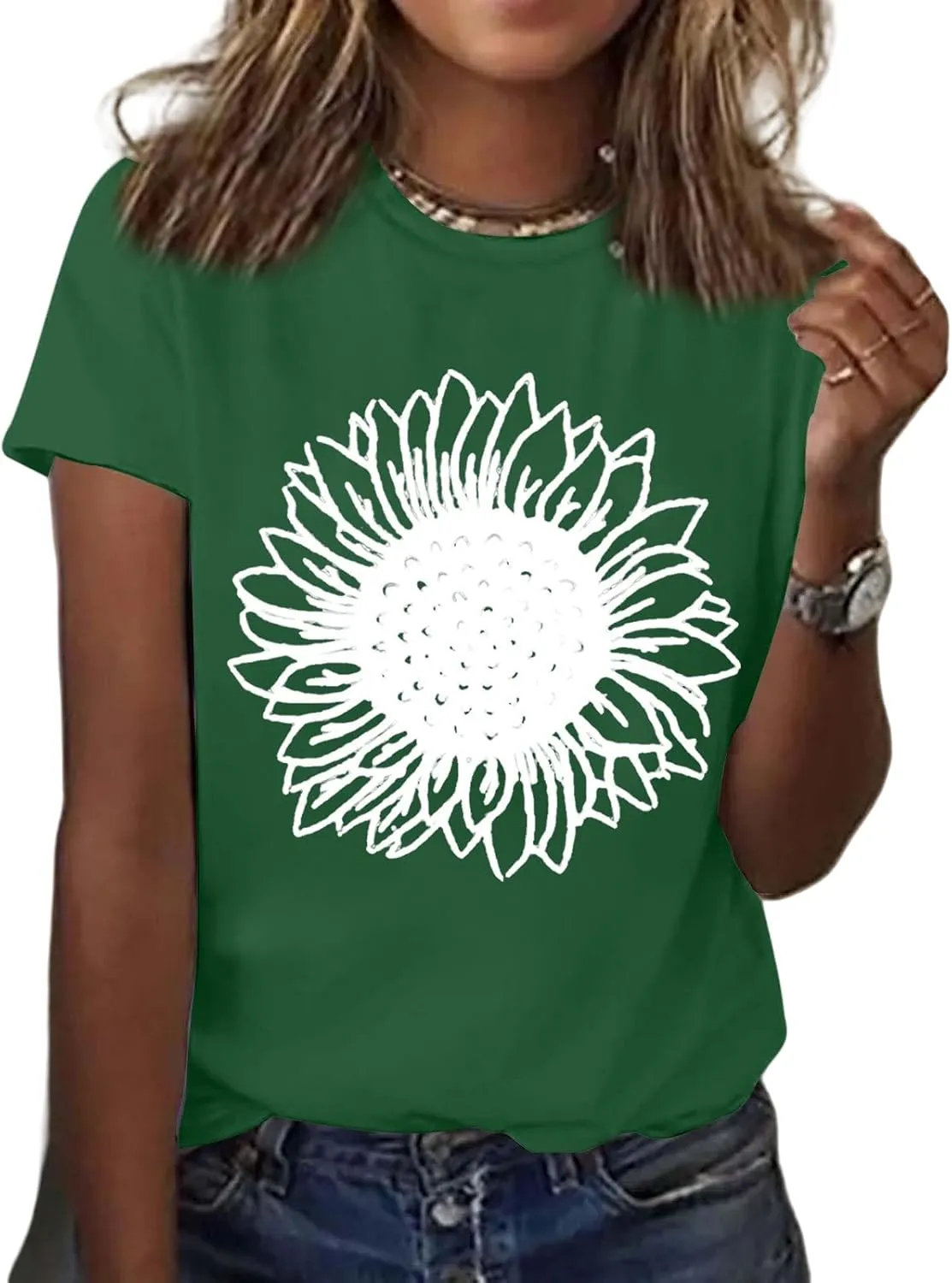 Womens Sunflower T Shirt Summer Novelty Cute Flower Graphic Loose Fit Tees Classic Crew Neck Short Sleeve Casual Tops