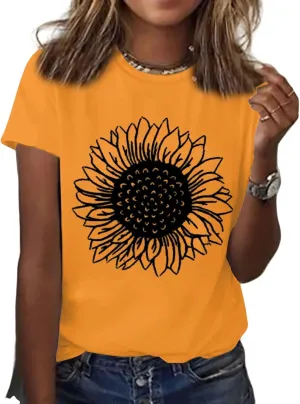 Womens Sunflower T Shirt Summer Novelty Cute Flower Graphic Loose Fit Tees Classic Crew Neck Short Sleeve Casual Tops