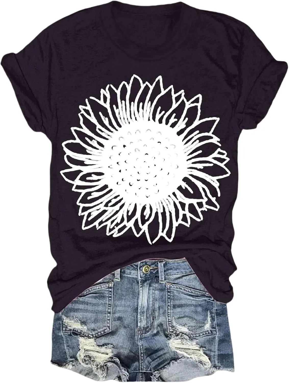 Womens Sunflower T Shirt Summer Novelty Cute Flower Graphic Loose Fit Tees Classic Crew Neck Short Sleeve Casual Tops