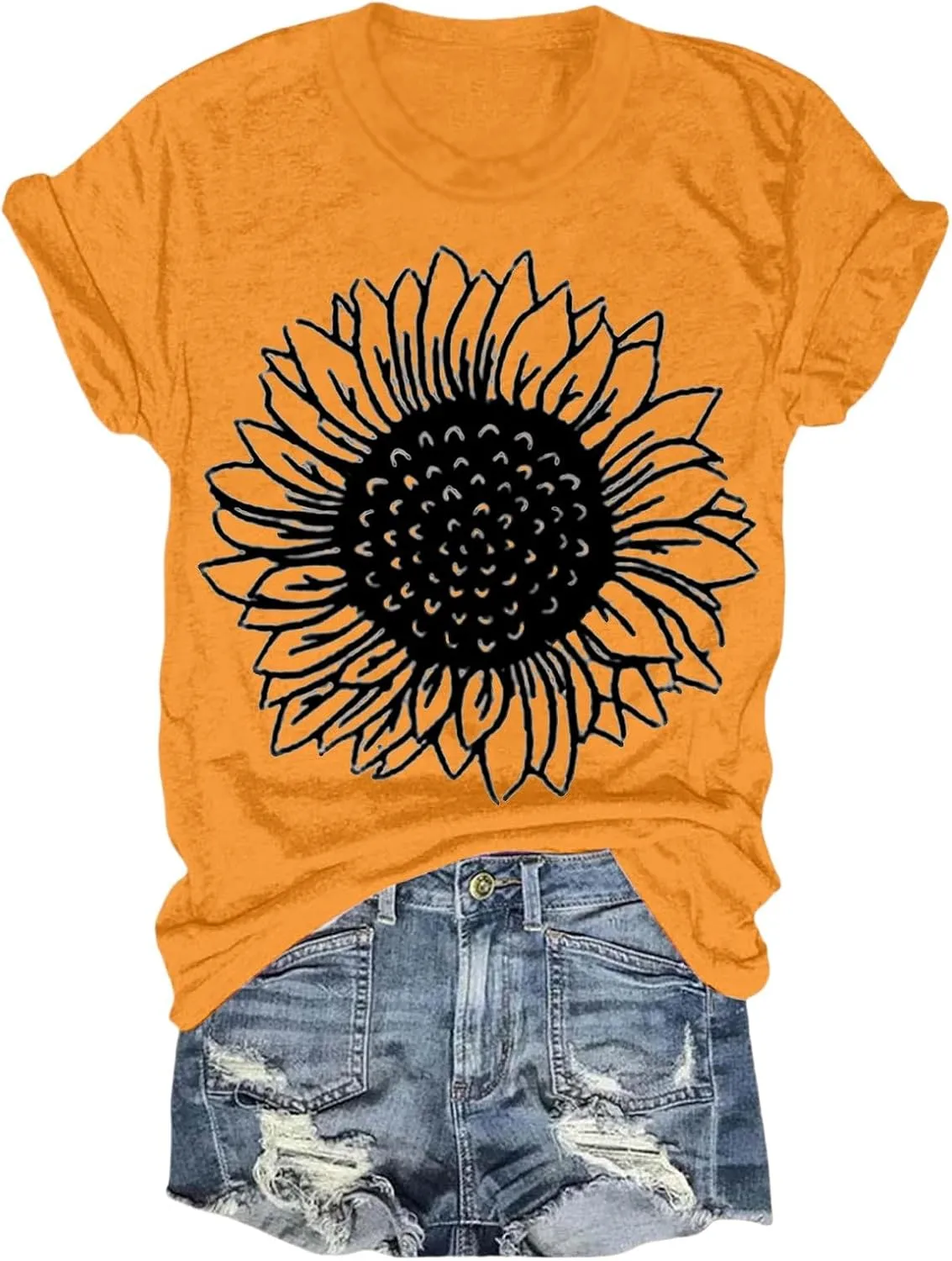 Womens Sunflower T Shirt Summer Novelty Cute Flower Graphic Loose Fit Tees Classic Crew Neck Short Sleeve Casual Tops