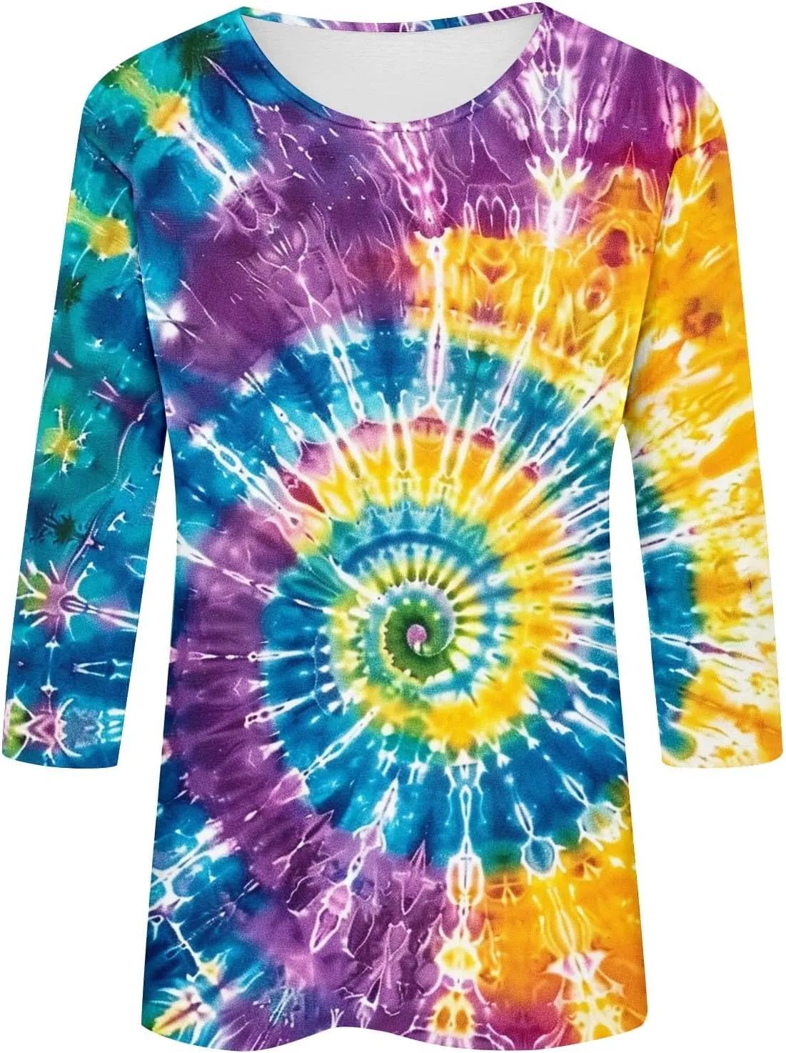Womens Tops 3/4 Sleeve Loose Fit Tie Dye Hippie Shirts 70s Tshirts Crew Neck Cute Tees 2025 Spring Summer Cute Tees