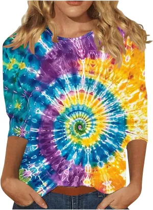 Womens Tops 3/4 Sleeve Loose Fit Tie Dye Hippie Shirts 70s Tshirts Crew Neck Cute Tees 2025 Spring Summer Cute Tees