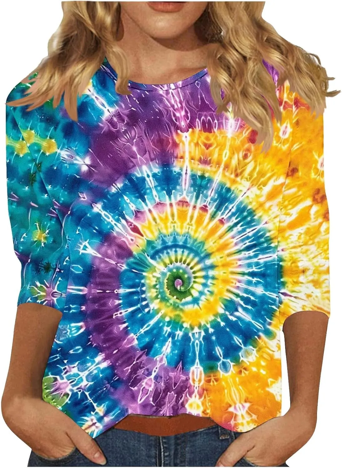 Womens Tops 3/4 Sleeve Loose Fit Tie Dye Hippie Shirts 70s Tshirts Crew Neck Cute Tees 2025 Spring Summer Cute Tees