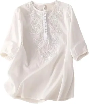 Womens Tops Cotton Linen Button Short Sleeve Shirts Summer Loose Crew Neck Casual Boho Top Vintage Embroidered Blouse Tops