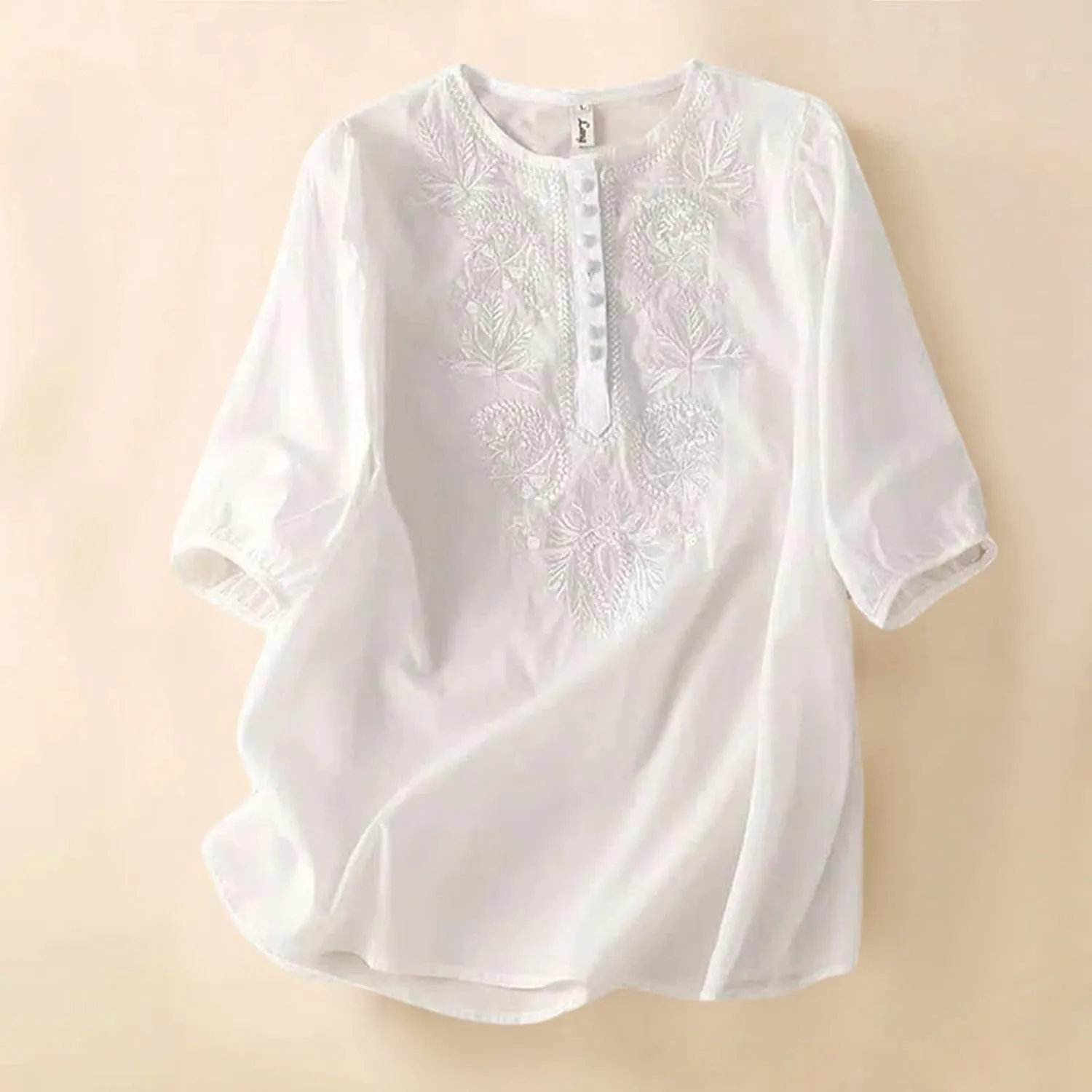 Womens Tops Cotton Linen Button Short Sleeve Shirts Summer Loose Crew Neck Casual Boho Top Vintage Embroidered Blouse Tops