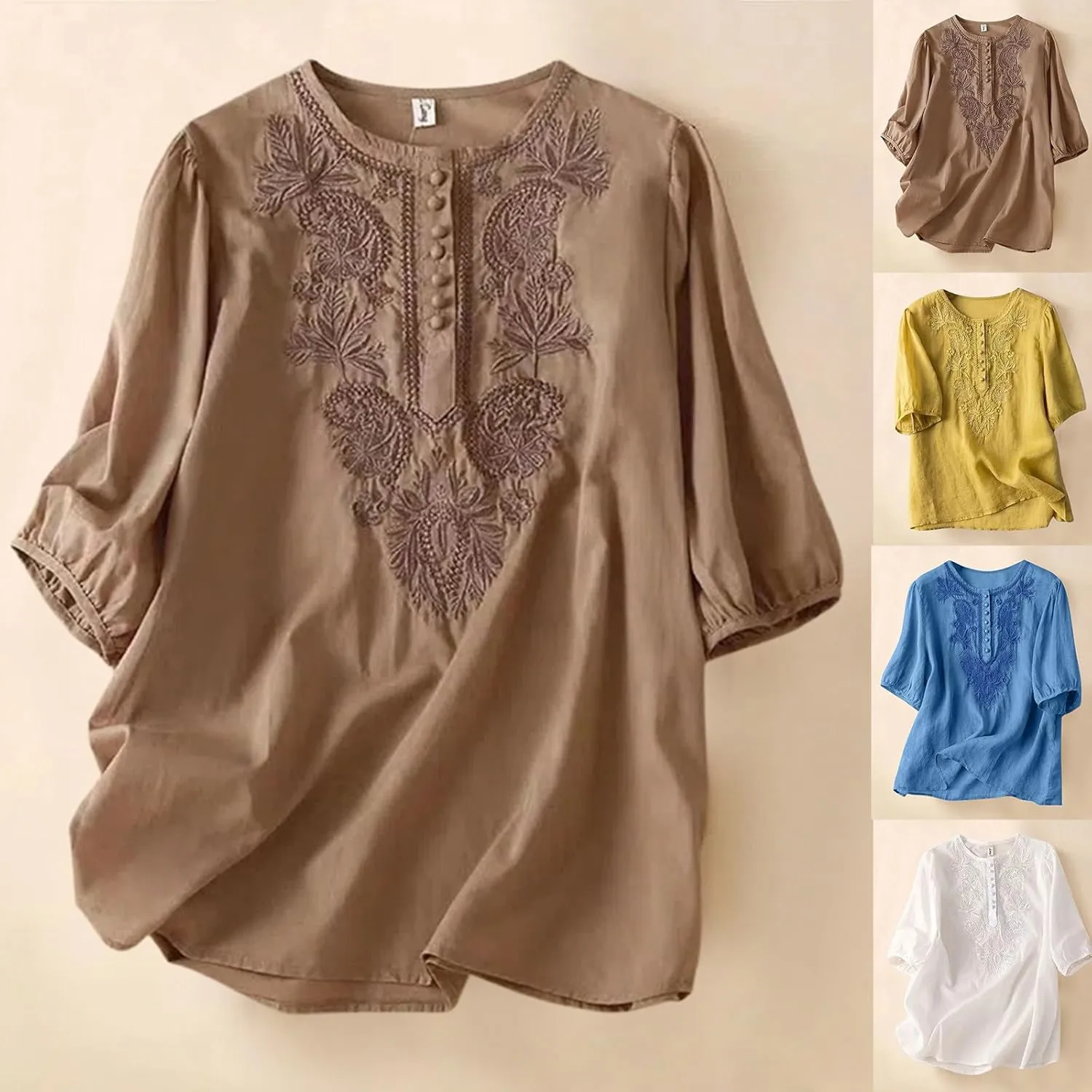 Womens Tops Cotton Linen Button Short Sleeve Shirts Summer Loose Crew Neck Casual Boho Top Vintage Embroidered Blouse Tops