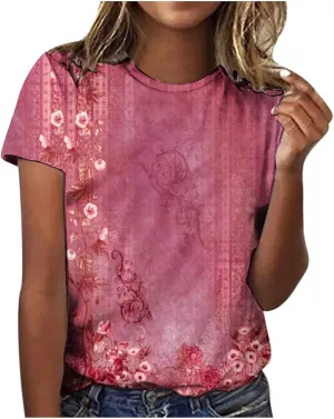 Womens Tops Round Neck Short Sleeve Floral Printed T Shirts 2024 Summer Fashion Basic Boho T Shirts