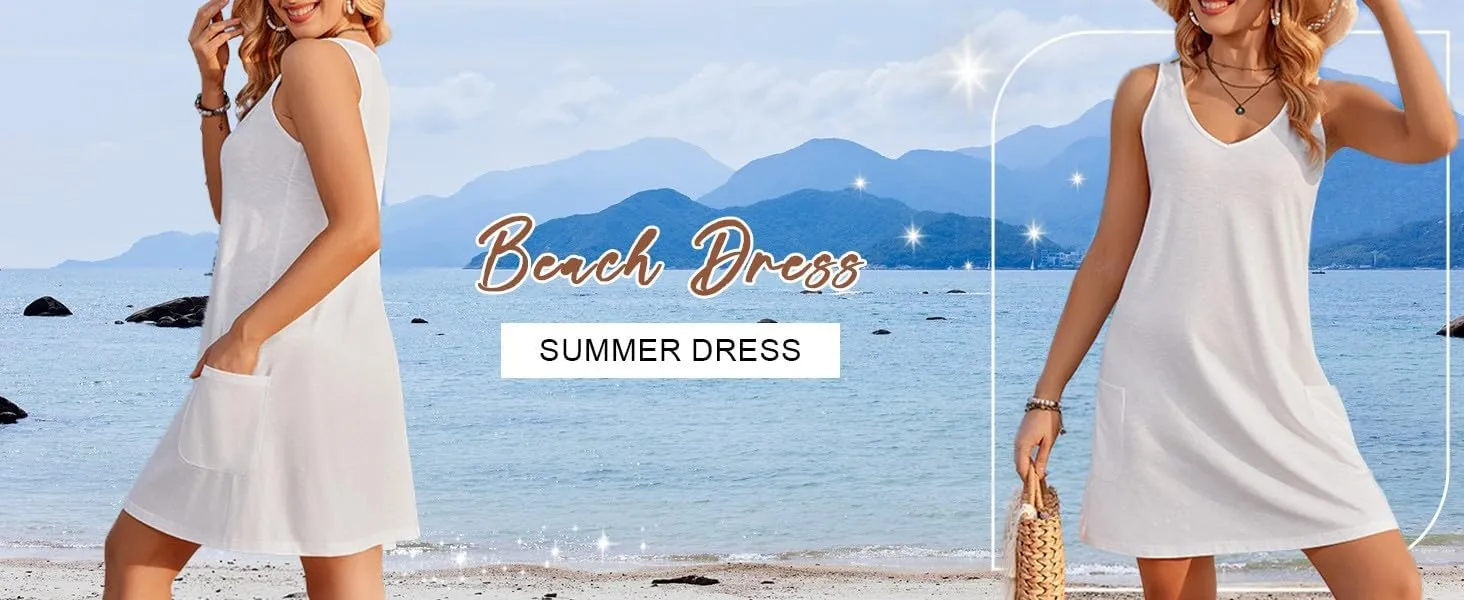 Women's Tops V-Neck Sleeveless Summer Dresses for Women UK with Pocket Casual Sundress for Casual Dresses