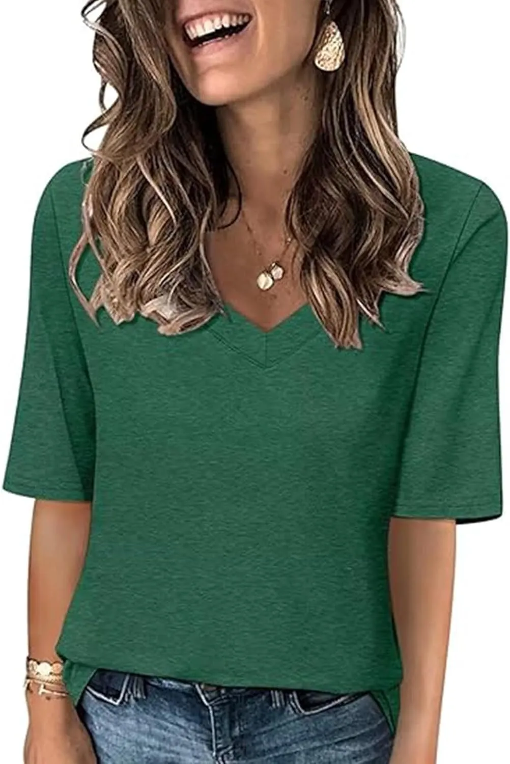 Women's V Neck T Shirts Half Sleeve Tops Casual Solid Summer Tees 2025 Spring Soft Comfy Cute Clothes T-Shirts
