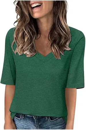 Women's V Neck T Shirts Half Sleeve Tops Casual Solid Summer Tees 2025 Spring Soft Comfy Cute Clothes T-Shirts