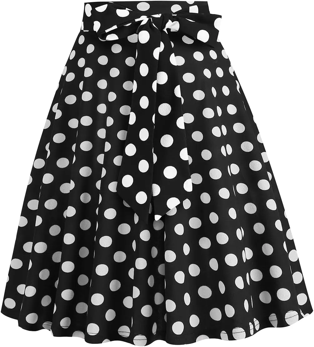 Women's Vintage Flared Skirt 1950s Belted Midi Skirt Solid A-Line Knee Length Skirts with Pockets