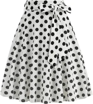 Women's Vintage Flared Skirt 1950s Belted Midi Skirt Solid A-Line Knee Length Skirts with Pockets