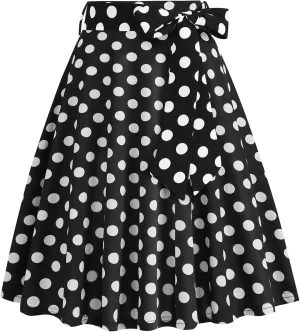 Women's Vintage Flared Skirt 1950s Belted Midi Skirt Solid A-Line Knee Length Skirts with Pockets
