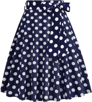 Women's Vintage Flared Skirt 1950s Belted Midi Skirt Solid A-Line Knee Length Skirts with Pockets