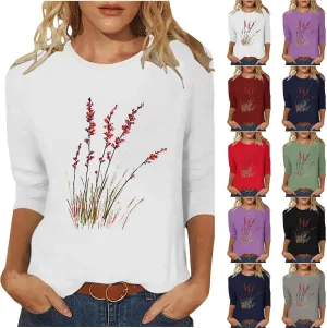 Women's Vintage Floral T Shirt 3/4 Sleeve Boho Wildflower Graphic Loose Dandelion Tees Short Sleeve Casual Tops Tees