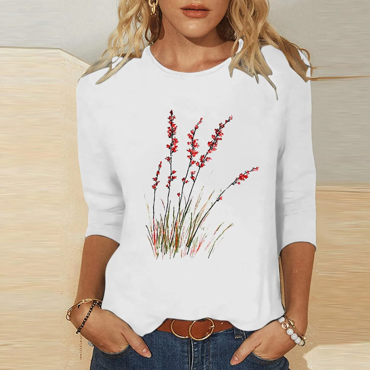 Women's Vintage Floral T Shirt 3/4 Sleeve Boho Wildflower Graphic Loose Dandelion Tees Short Sleeve Casual Tops Tees