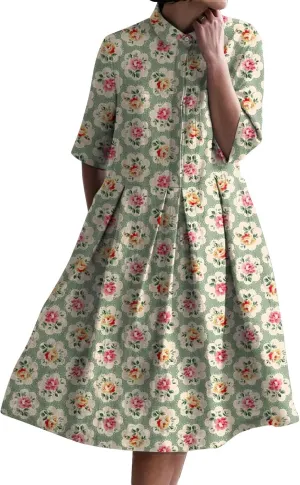 XOWRTE Womens Boho Floral Print Button Down Shirt Dresses with Pockets Summer Colorful Graphic Long Sleeve Midi Dress Long